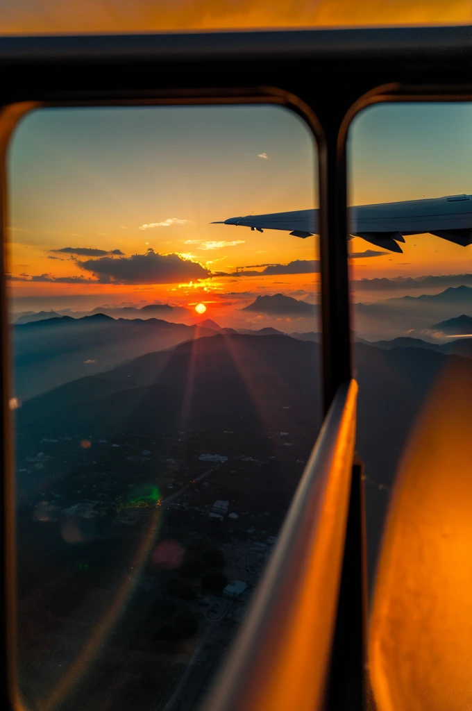 Image of a sunset seen from an airplane window
