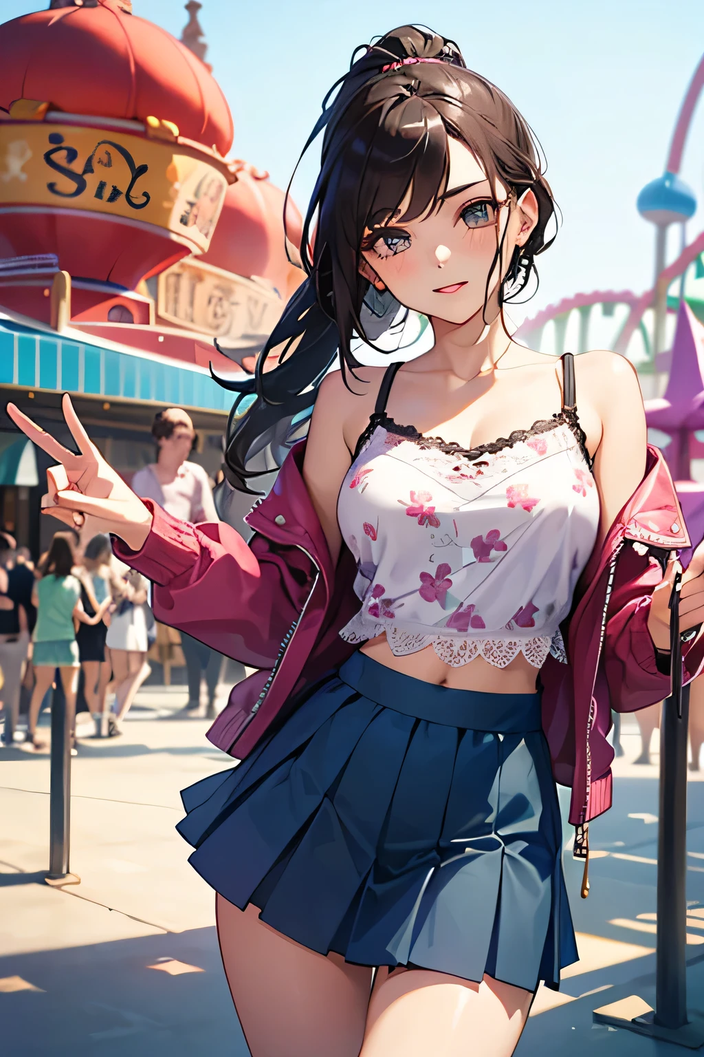 highest quality、High resolution、Detailed Background、(Beautiful face in every detail:1.4)、Anatomically correct、(Draw the usual number of fingers:1.2)、(Detailed facial expressions)、(Detailed eyes:1.2)、(Detailed eyes:1.2)、Beautiful, smooth skin、age beauty、(Highly detailed face:1.4)、cute hair color、Brown Hair、Black Hair、Braided Ponytail、Braided bob cut、Braided long hair、well-groomed eyebrows、Perfect body line、Cowboy Shot、
(Two pretty girls having fun with friends at an amusement park:1.5)、
Looking at me with a big smile、
Choose a mini skirt in a bright spring color.、Flared skirts and pleated skirts are fashionable.、Pair it with a simple camisole top for a lighter look.、If you want to keep it casual, pair it with a denim jacket and sneakers.、
Choose a mini skirt with a spring-like pattern or botanical print.、A-line and tight skirts are fashionable.、Pair the top with a blouse that has frills or lace details for a feminine look.、At my feetPair with heels or ballet shoes for a neat look.、
Choose a pleated mini skirt for a feminine look、Pastel colors and patterns are fashionable、Pair it with a light knit top or sweater for a spring look.、At my feet、Pair with loafers or heels、Add a neat look、cute