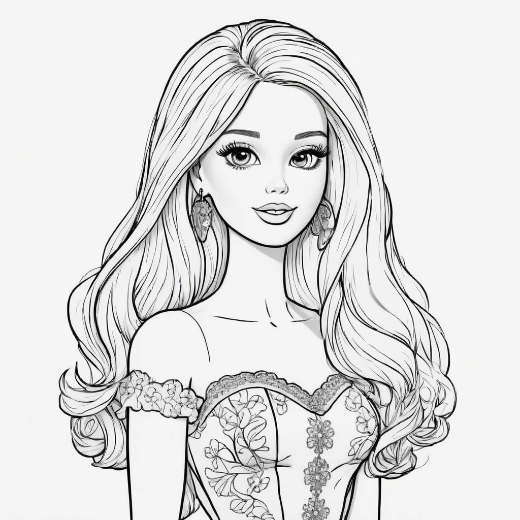 black and white, line art, coloring drawing of barbie white background, thick outlines