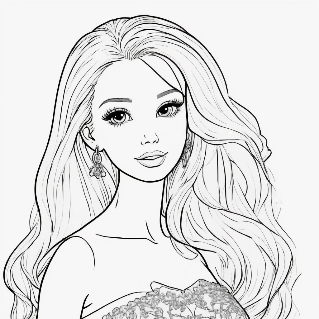black and white, line art, coloring drawing of barbie white background, thick outlines