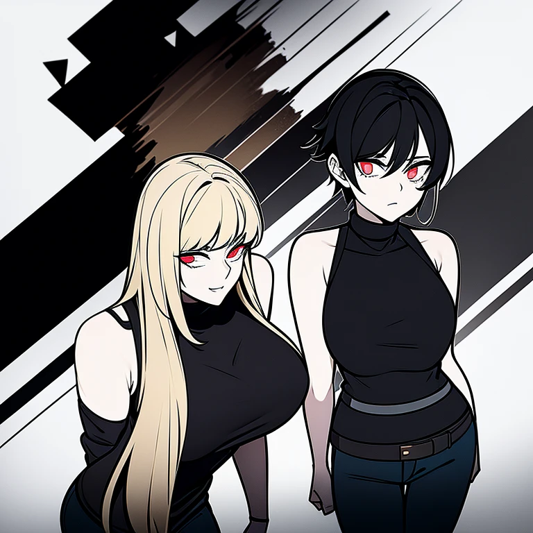 Woman with cuts and brusies and black hair that fades to blonde on the bottom tips, glowing golden eyes wearing black sleeveless sweater aswell as black jeans