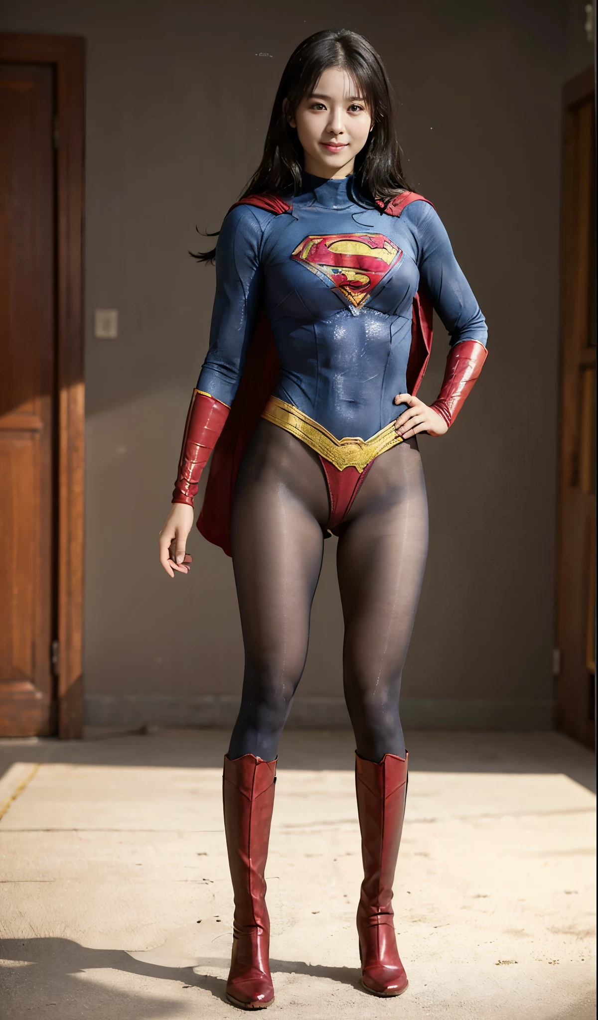No background、(((Beautiful legs in black tights.)))、(((Legally express the beauty of your smile)))、((((Make the most of your original images)))、(((Supergirl Costume)))、(((Beautiful Hair)))、(((suffering)))、(((Please wear black tights....、Wear red boots)))、((Best image quality、8K))、((highest quality、8K、masterpiece:1.3))、(((Preserve background )))、Sharp focus:1.2、Beautiful woman with perfect figure:1.4、Thin abdominal muscles:1.2、Wet body:1.5、Highly detailed face and skin texture、8K