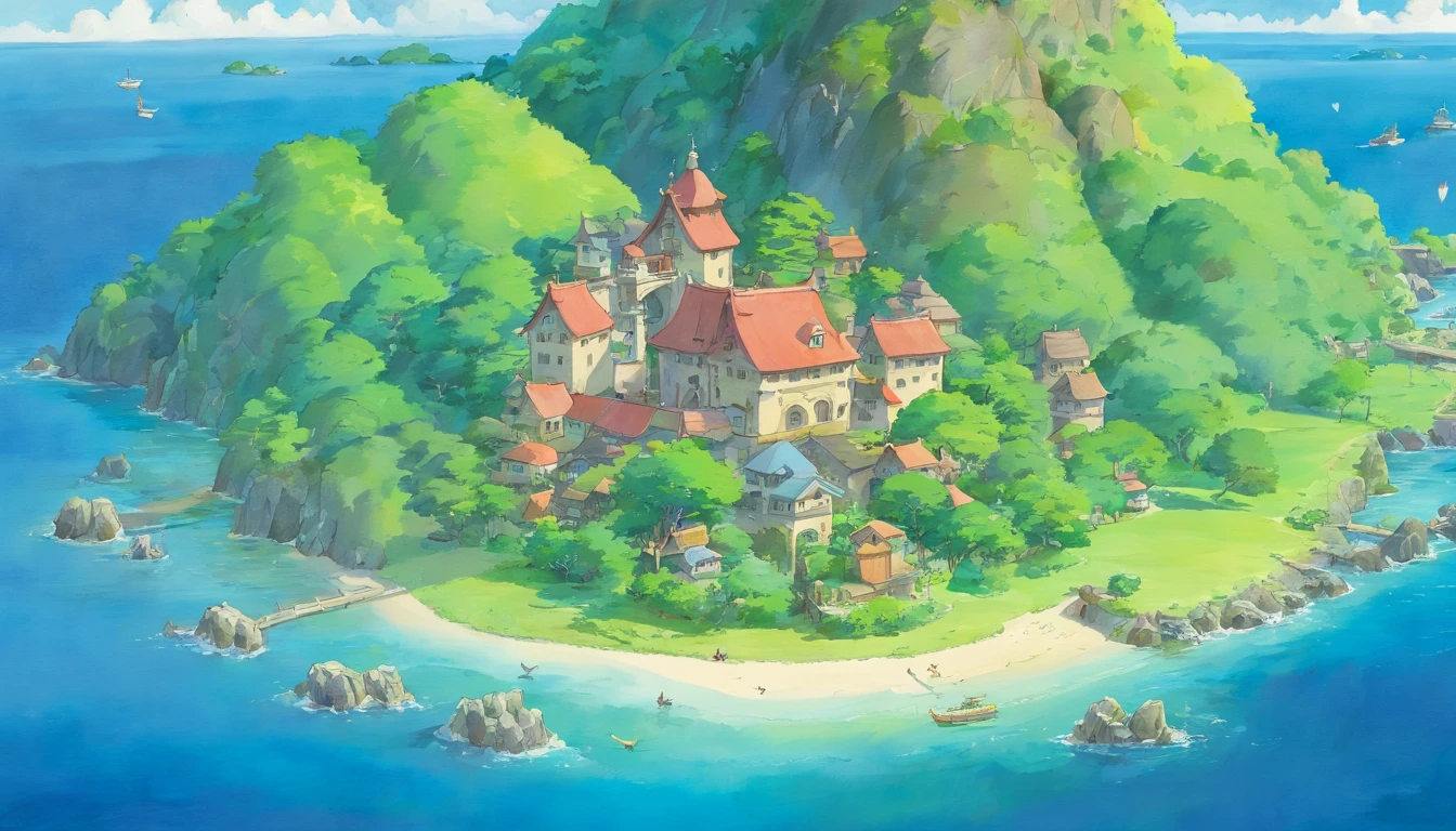 Watercolor illustration style,Four islands,Summer sky,(Masterpiece), (Best quality), (Ultra-detailed),bird's eyes view,There are four islands,The island shapes are not the same