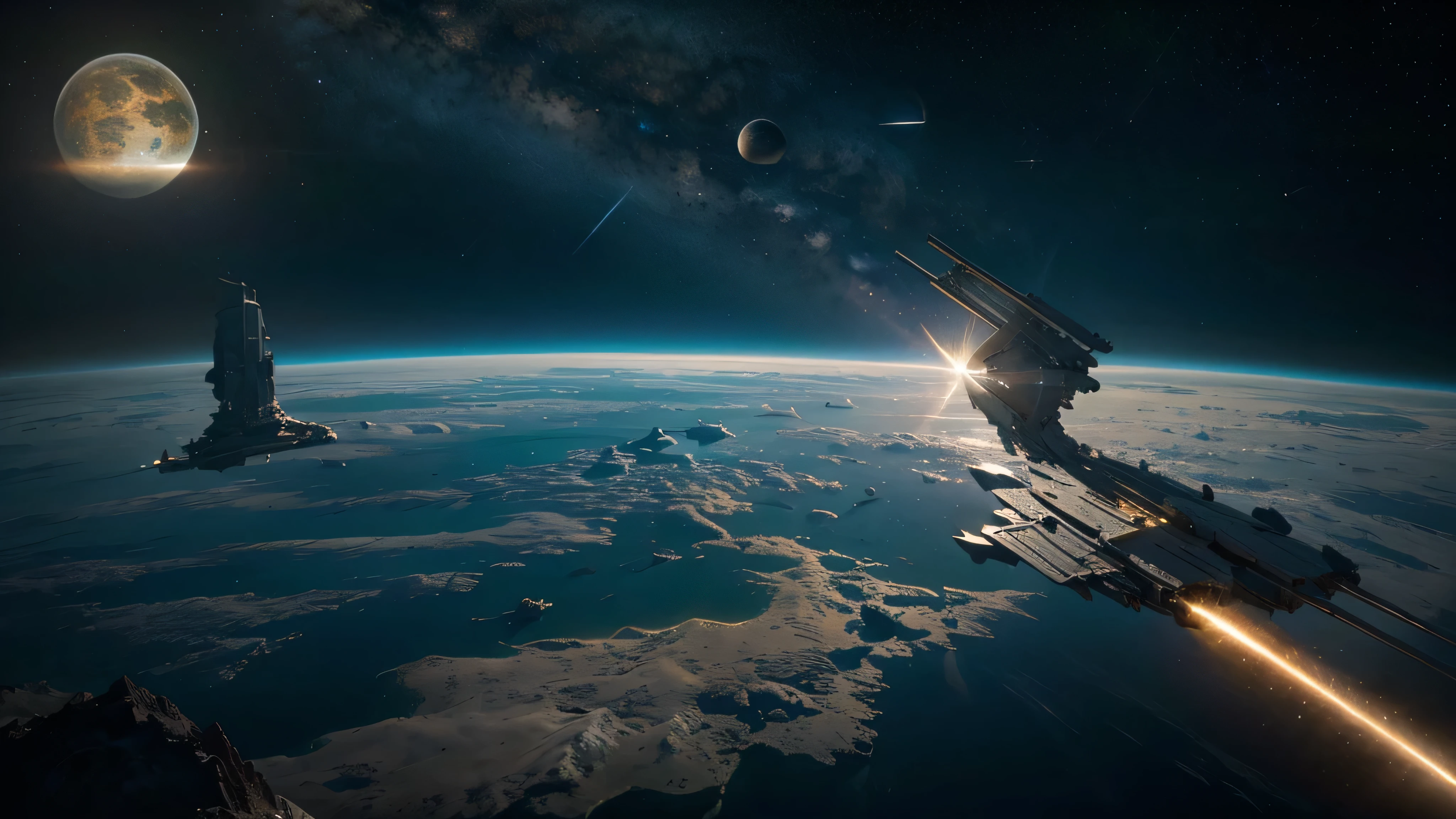 ultra-detailed, realistic starships, intricate planet details, vibrant colors, dynamic lighting, sci-fi, space exploration, futuristic, interstellar travel, cosmic beauty, vastness, epic scale