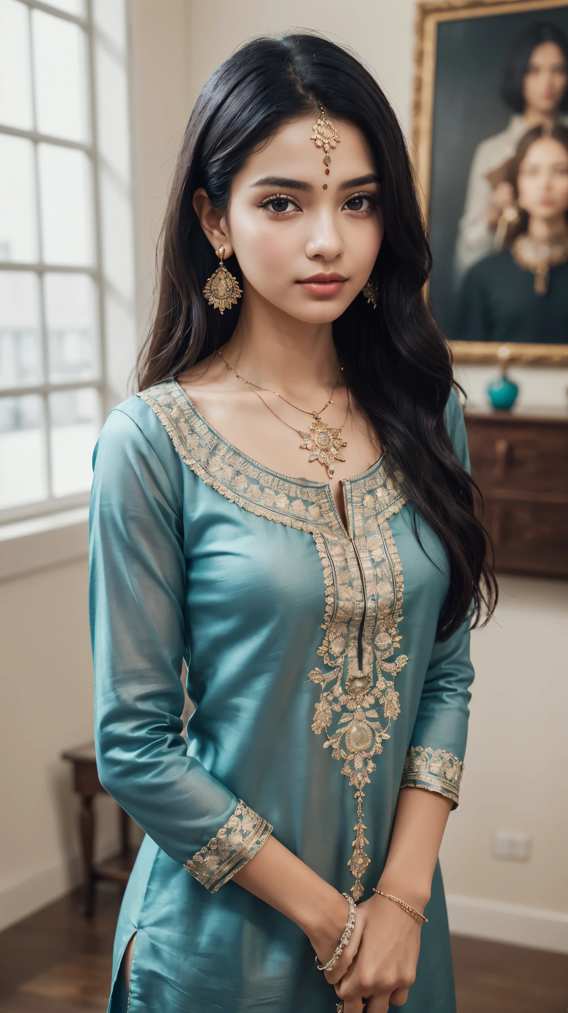 1girl, (perfect body, perfect anatomy), beautiful face, perfect proportions, black hair, indian, beautiful dress, kurta, long sleeves, collarbone, necklace, earrings, intricate design, beautiful hair, indoors, close up, natural pose, looking at viewer, ((Masterpiece, best quality, very aesthetic, absurdres))