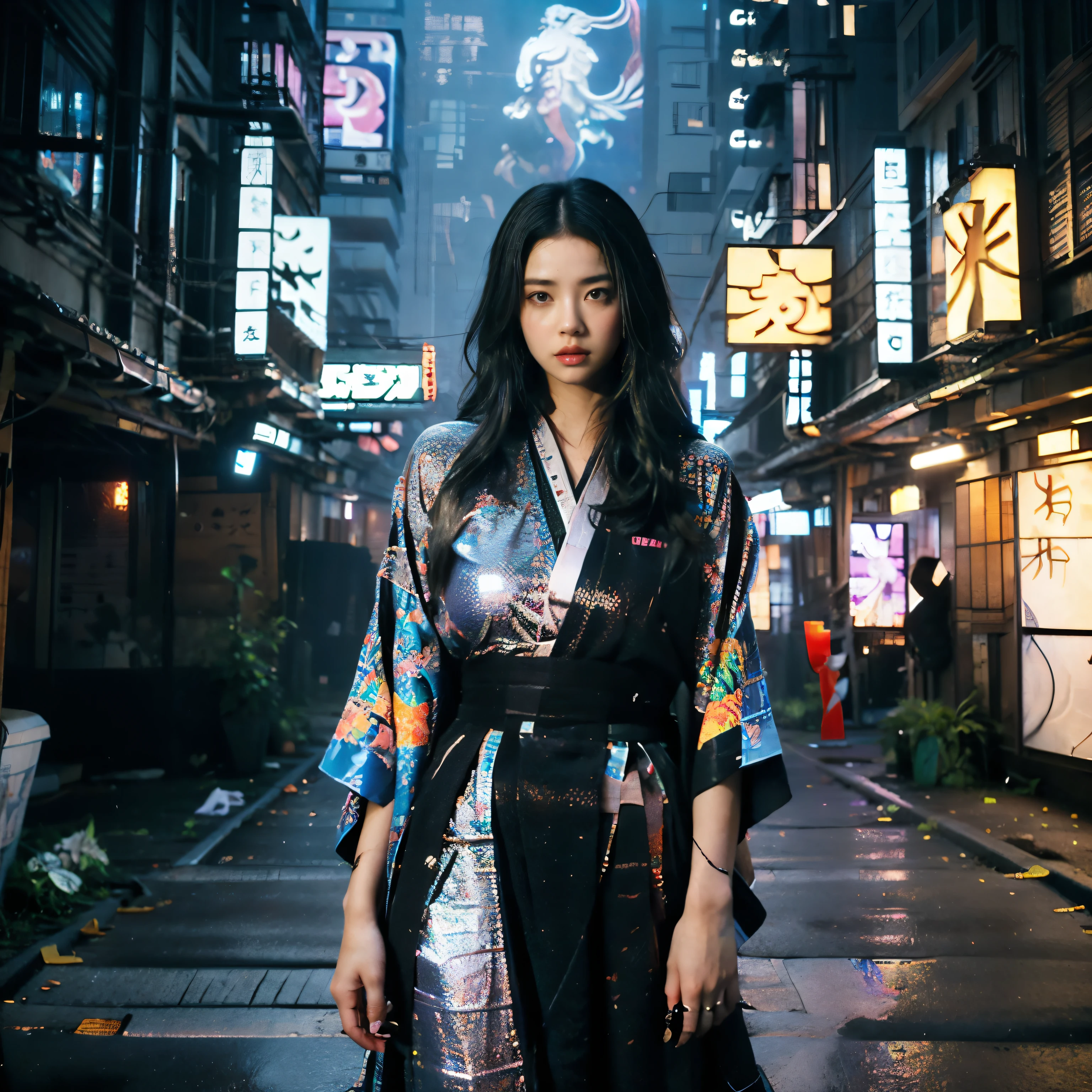 highest quality、Super fine、Realistic、Beautiful detailed eyes、Beautiful detailed lips、cyberpunk、huge breasts、(Holographic kimono:1.4)、Mecha、Armament、knife、Cyberpunk city girl、neon、Street graffiti、Night view、Mysterious atmosphere、High-tech gadgets、Vibrant colors、 Glowing Effects、Urban decline、skyscraper、Bustling Crowd、Urban fashion、Sleek and futuristic design、Technological advances、Edgy hairstyles、Dark Alley、Electronic Music、Energy Beam、A strong and confident posture、Cool and confident look、Detailed Mecha Armor、Cowboy Shot、Samurai girl