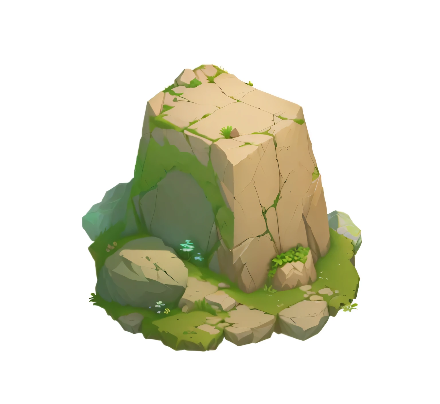 There is a small stone,There are several plants growing on it, Game assets, isometric Game assets, rock environment, Game Icon Assets, videoGame assets, big sharp rock, rock,European and American cartoon style