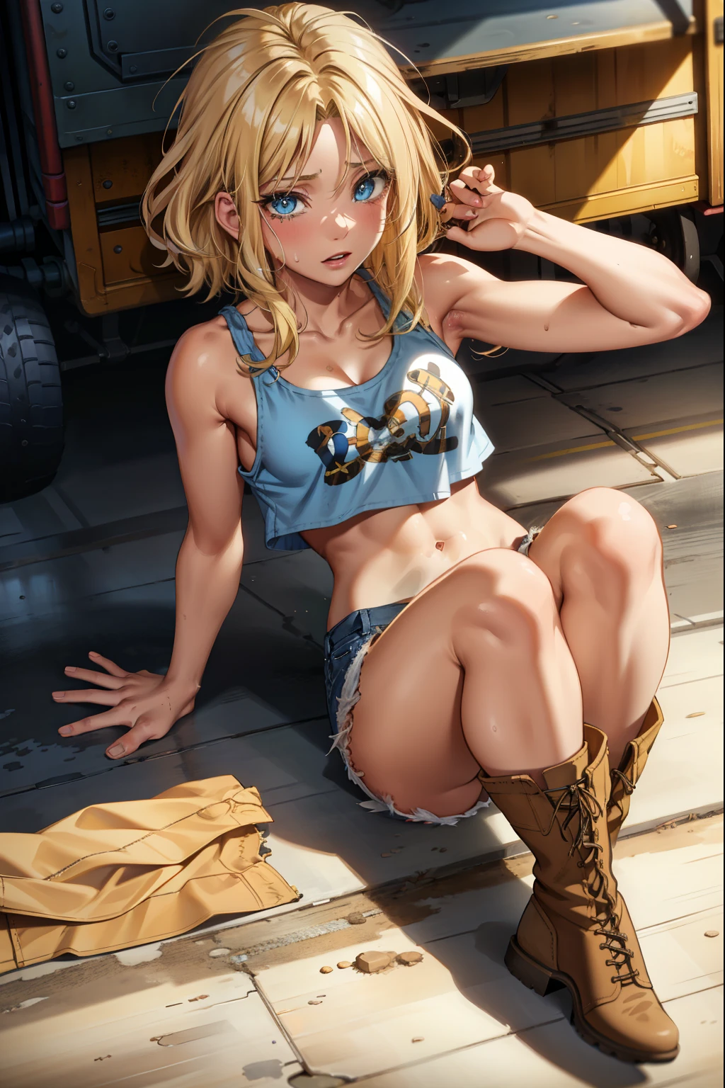 Laying on her back on a dirty floor, blue eyes, blonde hair, ruined makeup, (extremely detailed CG unity 4k wallpaper),(masterpiece),(best quality),(ultra-detailed),(best illustration),(best shadow),(absurdres),(detailed background), Trailer park, Short blonde hair (unkempt and messy), Croptop tank top (dirty), denim short skirt (dirty), Cowgirl boots, crying,