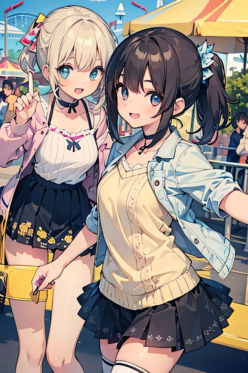 highest quality、High resolution、Detailed Background、(Beautiful face in every detail:1.4)、Anatomically correct、(Draw the usual number of fingers:1.2)、(Detailed facial expressions)、(Detailed eyes:1.2)、(Detailed eyes:1.2)、Beautiful, smooth skin、age beauty、(Highly detailed face:1.4)、cute hair color、Brown Hair、Black Hair、Braided Ponytail、Braided bob cut、Braided long hair、well-groomed eyebrows、Perfect body line、Cowboy Shot、

(Two pretty girls having fun with friends at an amusement park:1.5)、

Looking at me with a big smile、(White Stockings:1.2)

Choose a mini skirt in a bright spring color.、Flared skirts and pleated skirts are fashionable.、Pair it with a simple camisole top for a lighter look.、If you want to keep it casual, pair it with a denim jacket and sneakers.、

Choose a mini skirt with a spring-like pattern or botanical print.、A-line and tight skirts are fashionable.、Pair the top with a blouse that has frills or lace details for a feminine look.、At my feetPair with heels or ballet shoes for a neat look.、

Choose a pleated mini skirt for a feminine look、Pastel colors and patterns are fashionable、Pair it with a light knit top or sweater for a spring look.、At my feet、Pair with loafers or heels、Add a neat look、cute