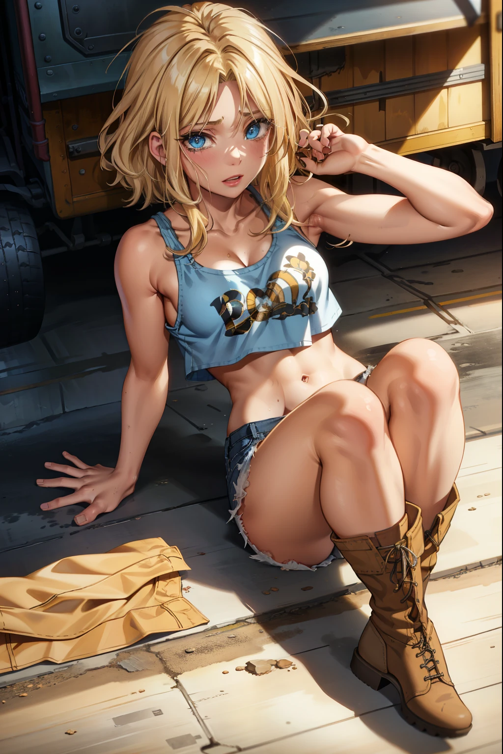 Laying on her back on a dirty floor, blue eyes, blonde hair, ruined makeup, (extremely detailed CG unity 4k wallpaper),(masterpiece),(best quality),(ultra-detailed),(best illustration),(best shadow),(absurdres),(detailed background), Trailer park, Short blonde hair (unkempt and messy), Croptop tank top (dirty), denim short skirt (dirty), Cowgirl boots, crying, 