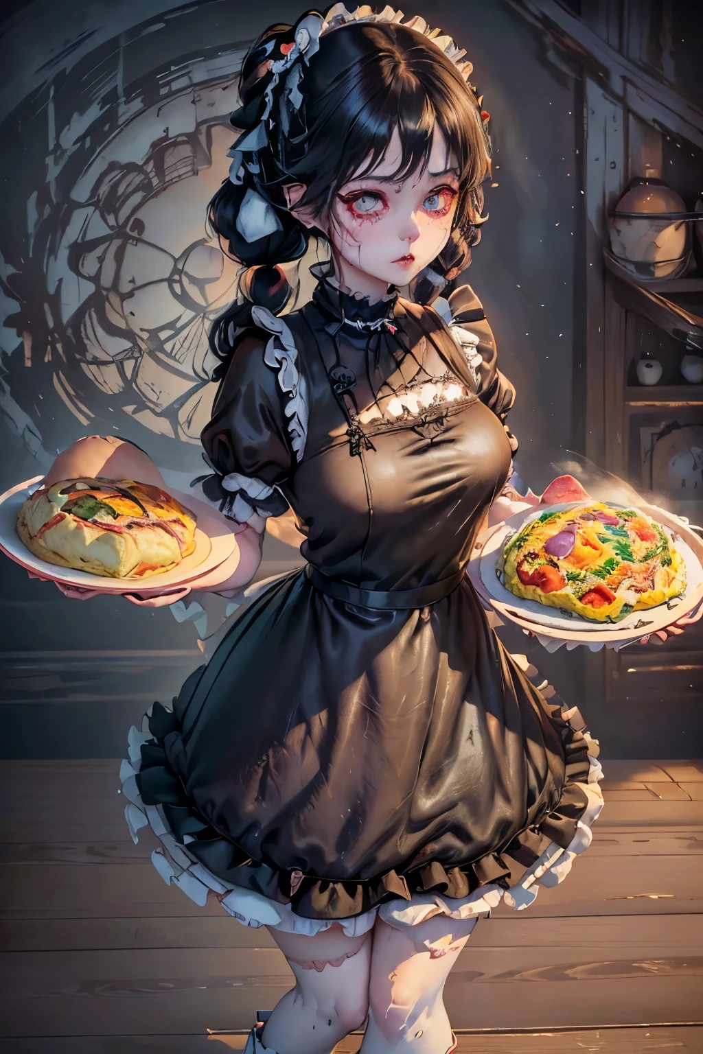 Colourful pastel-style paintings.(((fullbody))A beautiful anime woman,dark pigtail hair((fringes))((large drooping eyes)),wearing shiny black Four-tiered ruffle dress,((eyes with tear ducts))((Holding an omelette on a tray.))((zombie make up))((background inside maid café)) 8k Resolution HDR, ultra high-detail