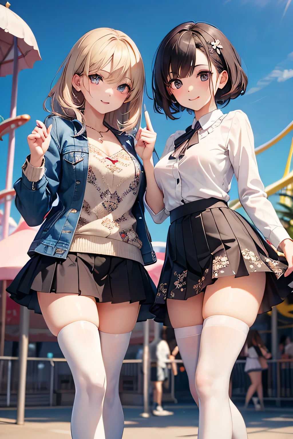 highest quality、High resolution、Detailed Background、(Beautiful face in every detail:1.4)、Anatomically correct、(Draw the usual number of fingers:1.2)、(Detailed facial expressions)、(Detailed eyes:1.2)、(Detailed eyes:1.2)、Beautiful, smooth skin、age beauty、(Highly detailed face:1.4)、cute hair color、Brown Hair、Black Hair、Braided Ponytail、Braided bob cut、Braided long hair、well-groomed eyebrows、Perfect body line、Cowboy Shot、

(Two pretty girls having fun with friends at an amusement park:1.5)、

Looking at me with a big smile、(White Stockings:1.2)

Choose a mini skirt in a bright spring color.、Flared skirts and pleated skirts are fashionable.、Pair it with a simple camisole top for a lighter look.、If you want to keep it casual, pair it with a denim jacket and sneakers.、

Choose a mini skirt with a spring-like pattern or botanical print.、A-line and tight skirts are fashionable.、Pair the top with a blouse that has frills or lace details for a feminine look.、At my feetPair with heels or ballet shoes for a neat look.、

Choose a pleated mini skirt for a feminine look、Pastel colors and patterns are fashionable、Pair it with a light knit top or sweater for a spring look.、At my feet、Pair with loafers or heels、Add a neat look、cute