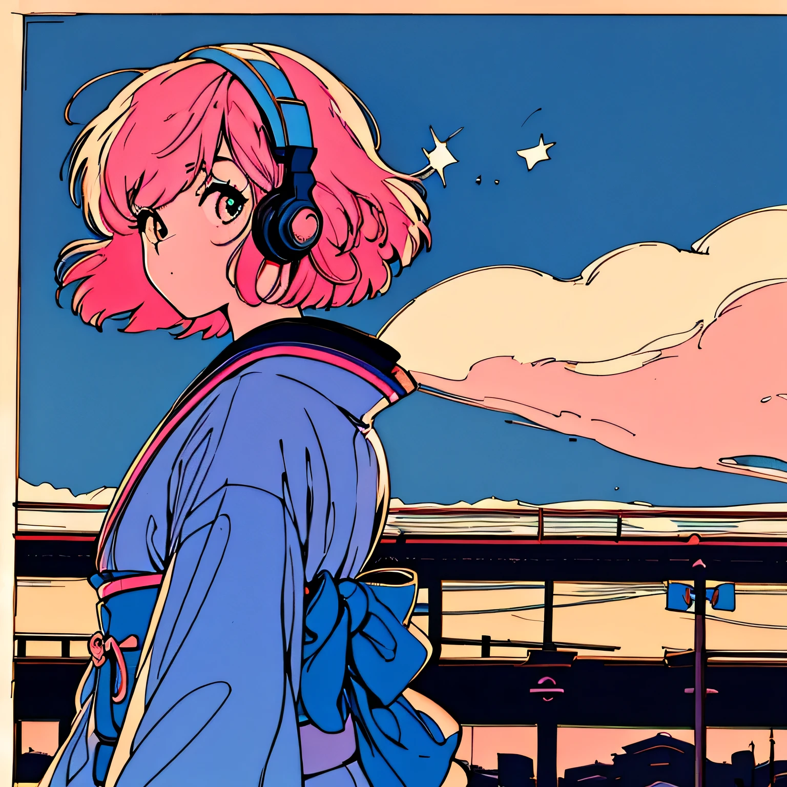 master piece, City Pop style, Pink Hair, fluffy bob cut, wearing headphones, shoulder length, alone, Futuristic, yet, lofi, retro, vintage, Ghost, light smile, starry night sky, ((kimono)), torii, Kyoto, back shot