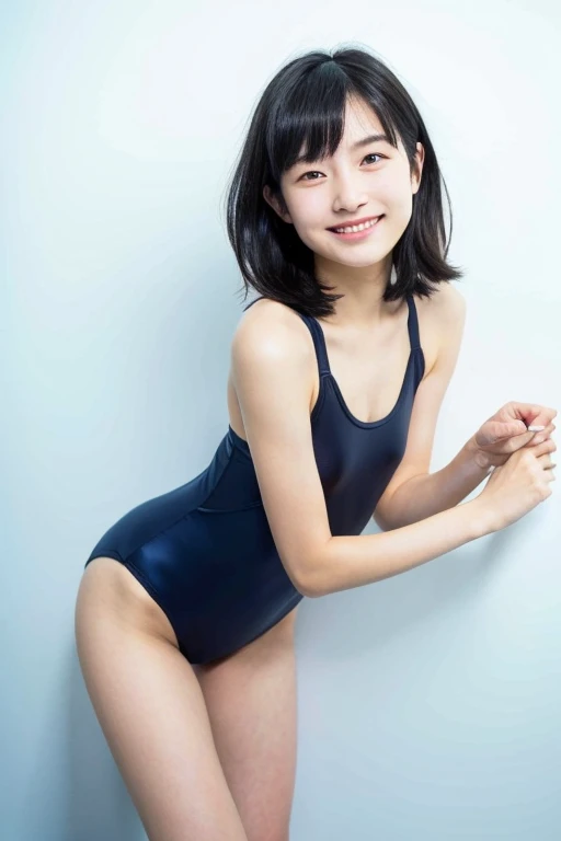 Japanese beauty, young girl, looking at camera, slender, black hair, neat, smile, high image quality, high image quality, extra thin, whole body, dark blue one-piece swimsuit, in front of a white wall, below the knees, shapely waist, straight short hair, cute