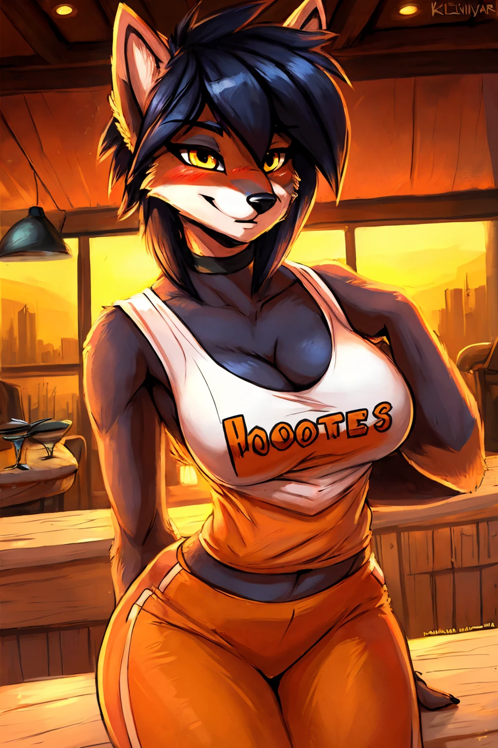 by fluff-kevlar, by Zackary911, by Kenket, by Kilinah, by fluff-kevlar, (masterpiece), (best quality), (anthro furry:1.3, snout:1.2, anthro:1.3, furry:1.2, solo female:1.2), (voluptuous figure), (big breasts), (big thighs), fully clothed, solo, hooters waitress, hooters clothing, working at hooters (seductive expression, perfect posture, blushing) hooters restaurant background, short hair, black hair, fox, yellow eyes, erisa