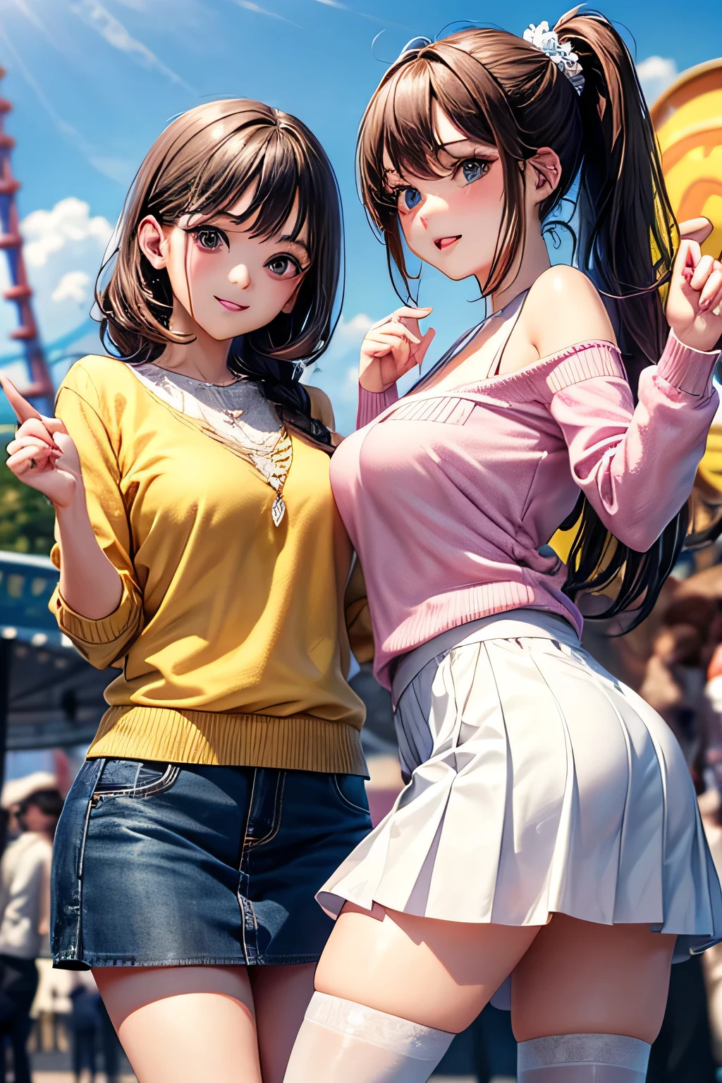 highest quality、High resolution、Detailed Background、(Beautiful face in every detail:1.4)、Anatomically correct、(Draw the usual number of fingers:1.2)、(Detailed facial expressions)、(Detailed eyes:1.2)、(Detailed eyes:1.2)、Beautiful, smooth skin、Teenage beauty、(Highly detailed face:1.4)、cute hair color、Brown Hair、Black Hair、Braided Ponytail、Braided bob cut、Braided long hair、well-groomed eyebrows、Perfect body line、Cowboy Shot、
(Two pretty girls having fun with friends at an amusement park:1.5)、
Looking at me with a big smile、(White Stockings:1.2)
Choose a mini skirt in a bright spring color.、Flared skirts and pleated skirts are fashionable.、Pair it with a simple camisole top for a lighter look.、If you want to keep it casual, pair it with a denim jacket and sneakers.、
Choose a mini skirt with a spring-like pattern or botanical print.、A-line and tight skirts are fashionable.、Pair the top with a blouse that has frills or lace details for a feminine look.、At my feetPair with heels or ballet shoes for a neat look.、
Choose a pleated mini skirt for a feminine look、Pastel colors and patterns are fashionable、Pair it with a light knit top or sweater for a spring look.、At my feet、Pair with loafers or heels、Add a neat look、cute