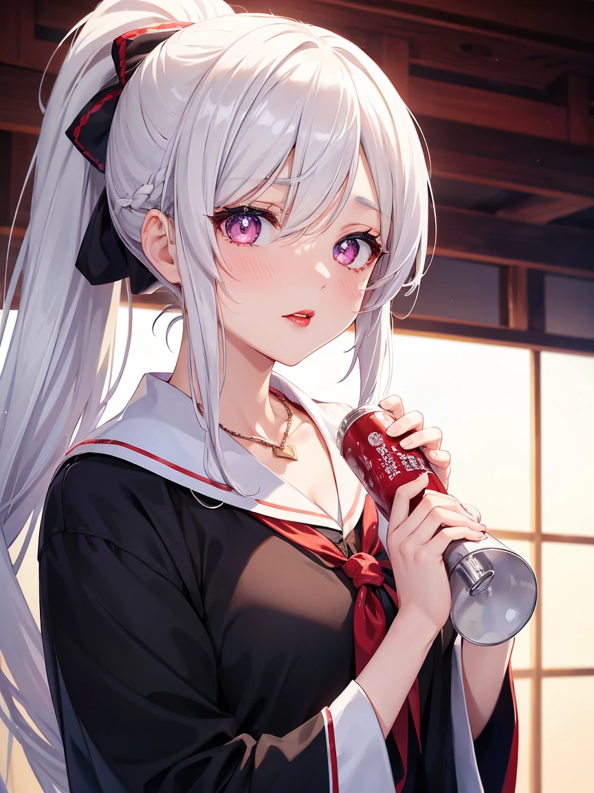 1 girl, ponytail, white hair, necklace, hair pin, gradient pupils,uniform, masterpiece, absurdres, 8k, v1.0, details, high res, red lips, look viewers, scenary, anime 2.5D style, japan musume