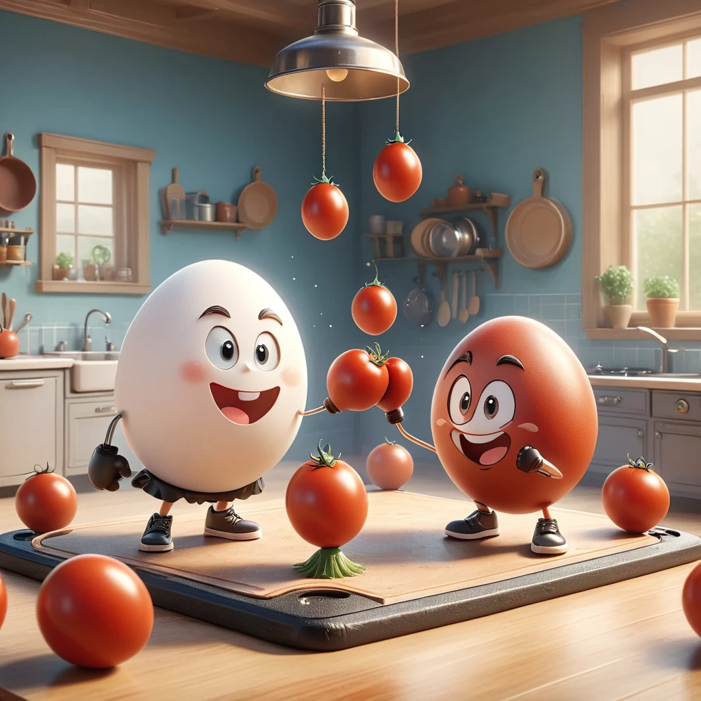 A whimsical kitchen-style boxing ring，Boxing match between egg and tomato，Cartoon，illustration，cute，Kitchen-style boxing ring in the background，Eggs wearing miniature gloves and determined smiles，Tomato wearing boxing gloves，场景充满活力且Cartoon化，The scene is lively and lively，Capturing a unique friendship scene，anatomically correct, masterpiece, ccurate, high details, award winning, best quality, 8k