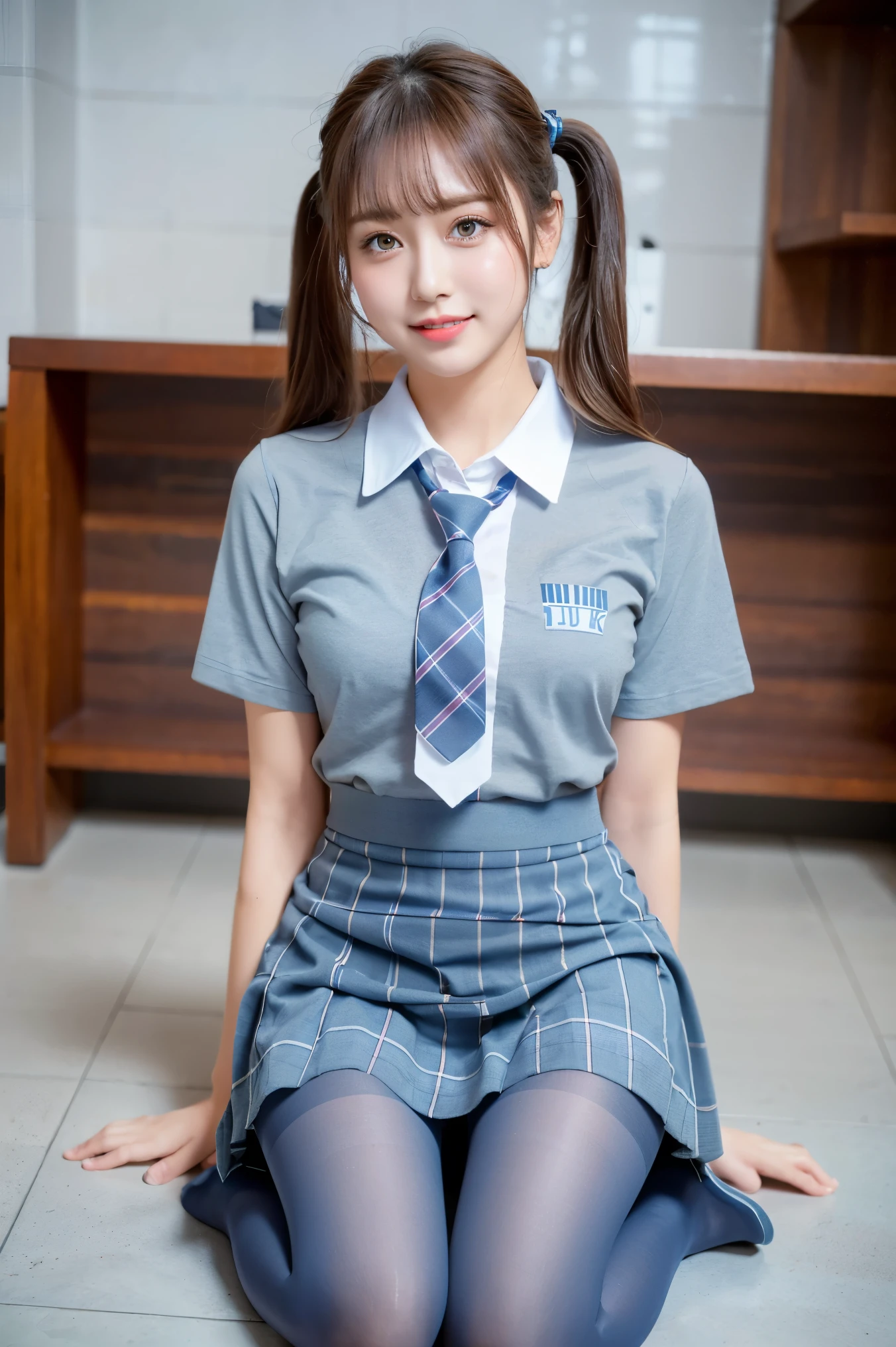 (8k), (highest quality: 1.2), (Realistic), (Realistic: 1.37), Ultra-high resolution, (1 girl), cute, smile, Mouth closed, Beautiful details, Beautiful Nose, Wet Hair, Twin tails,Giant Dulcefo, pork, Thighs,Self Snap,University uniform,simple(shirt formal,Light Blue:1.4),Pleated skirt,(The skirt and tie are gray tartan check pattern.....:1.3),(Sitting:1), Sit on the ground,(Hug my feet:1),(Pink Pantyhose:1.2),from the front,knees