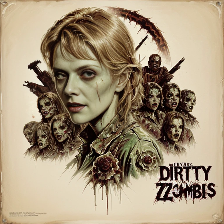 Dirty Zombies - original motion picture soundtrack, [ Oil painting ], horror film, A beautiful woman in the center poses in a sexy outfit, A horde of creepy zombies in the background、soundtrack jacket、Digitally Remastered, Kinematics」, John Maggs, Roy Dargano, Movie Posters, Album cover, 1 9 7 0 sMovie Posters, Oil painting