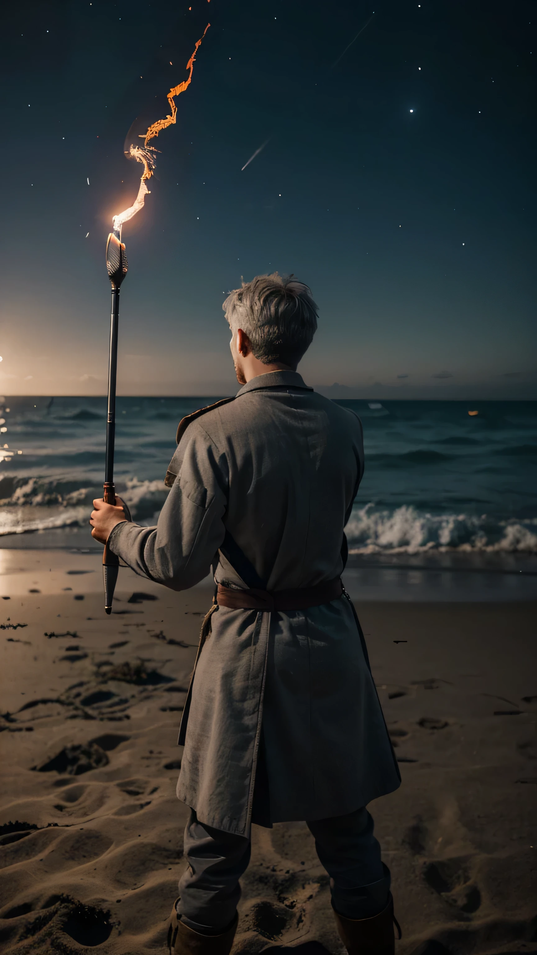 A man with short grey hair from behind with medieval cloth facing to the sky with magic wand with fire aura in his hand pointing to the sky, in the beach background in the dark night.