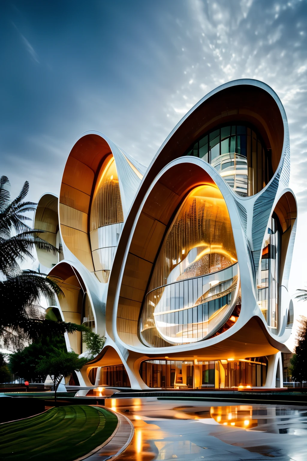 campus architecture,night view,curve,The architectural style of Zaha Hadid,tree,water,