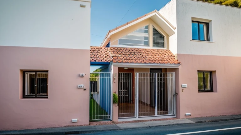 , The house is made from white walls and some walls are painted bright blue)), beautyful light, beautyfulday, sunny, Many grass bougainvilleas along the road:1.3, lovely youthful feeling :1.2, sunlight at 12 noon, Very beautiful shadows