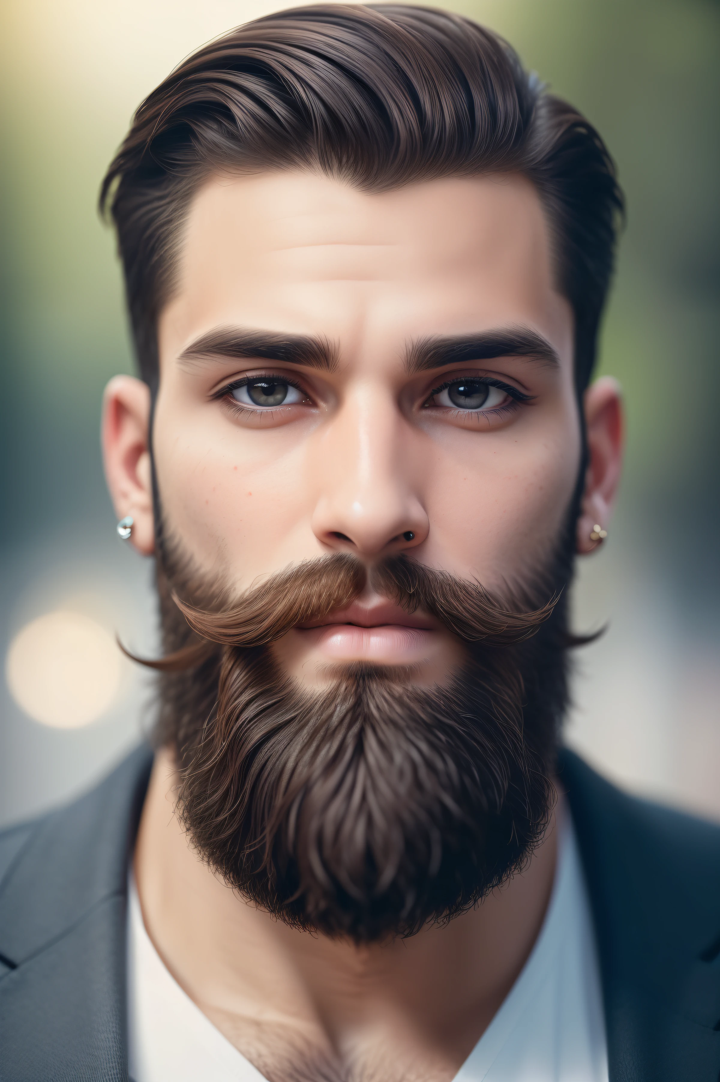 Preciso de um rosto humano realista de 30 anos masculino, ((retrato)), ((rosto detalhado:1.2)), ((detailed facial features)), pele finamente detalhada, Tez natural, ((strictly frontal view)), ((realista, super realista, realismo, fotorrealismoo)), anatomia perfeita, perfectly proportioned, Bokeh, profundidade de campos, Hyper clear image, ((queixo forte:1.2)), ((olhos claros e penetrantes:1.2)), ((barba bem cuidada:1.2)), ((Fotografado com uma Canon EOS R5:1.2}), Lente de 50 mm, f/
