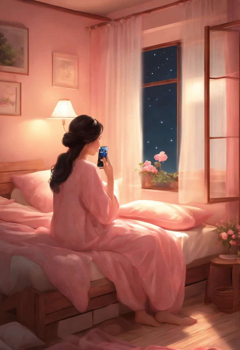 A calming bedroom decorated with soft colors and warm lighting, A Japanese woman sitting elegantly on a beautifully arranged bed. Wearing cute pink pajamas, She has a cell phone, The glow cast a gentle light on her face.. outside, The moonlight shining through the curtains, Creates a tranquil atmosphere.
lost in her thoughts, She scrolls through her phone, Sometimes gazing at the starry sky. The room feels like a sanctuary, Where she finds solace. The lo-fi music in the background creates a relaxing atmosphere..
As the night deepens, She is sitting on the bed, A symbol of calm in a chaotic life. She is surrounded by a fusion of Japanese tradition and peaceful culture.. In this space, She embraces simplicity、Finding joy in the present moment, Create your own timeless story.