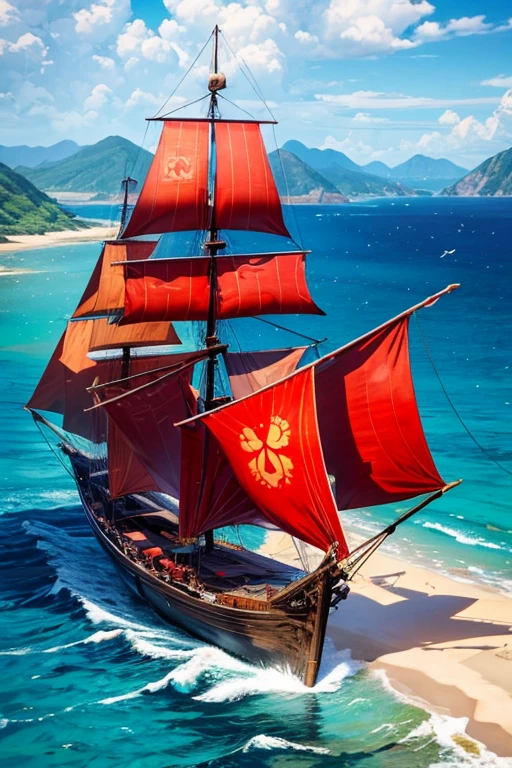 Chinese style junk sailing boat, island in background, red sails, lug sails, green island, brown boat