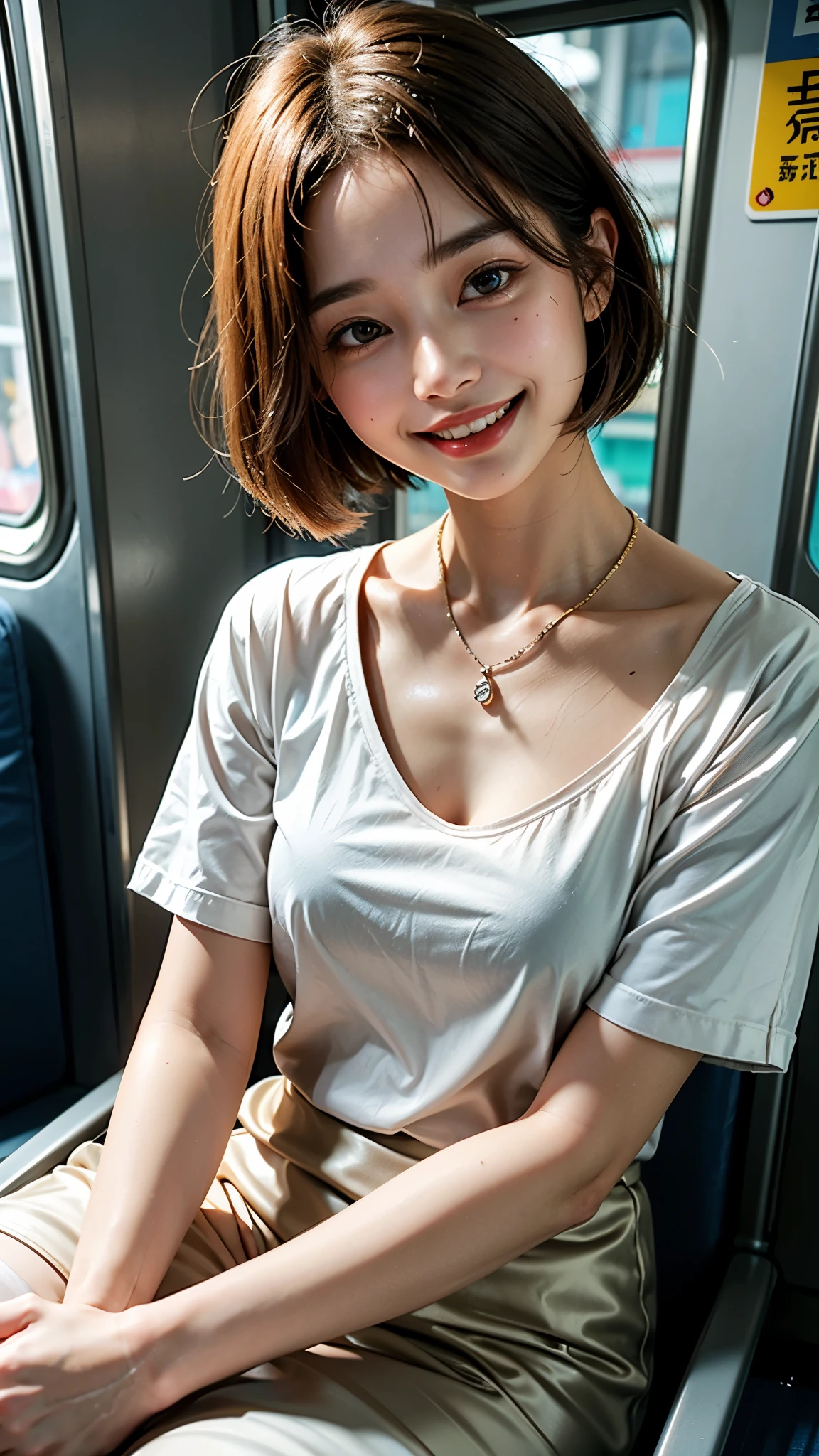 (highest quality、8k、32k、masterpiece、Hmph:1.2)、(((Brown short bob)))、((smile))、(((I'm showing my teeth and smiling,)))、Cute Japanese woman 24 years old photo、Soft looking breasts、No bra、Ample breasts、Face Focus、White T-shirt、necklace、A single carnation、From above、Looking at the audience、Dynamic Shadows、blonde、Wet shiny hair、Shine, Watery eye、((In a crowded train)),