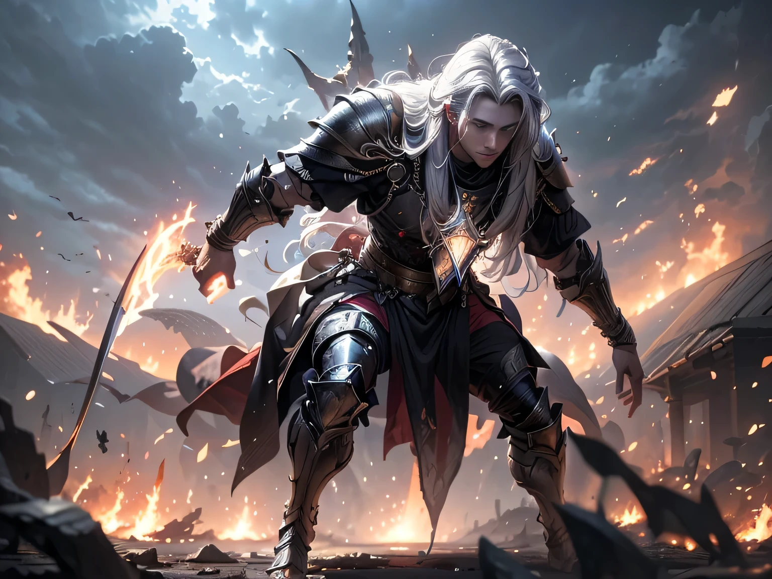 On the battlefield, a young man with long silver hair, wearing gorgeous armor, fell to the ground injured, majestic, fighting, powerful, and full of demons, aliens and monsters in the distance.