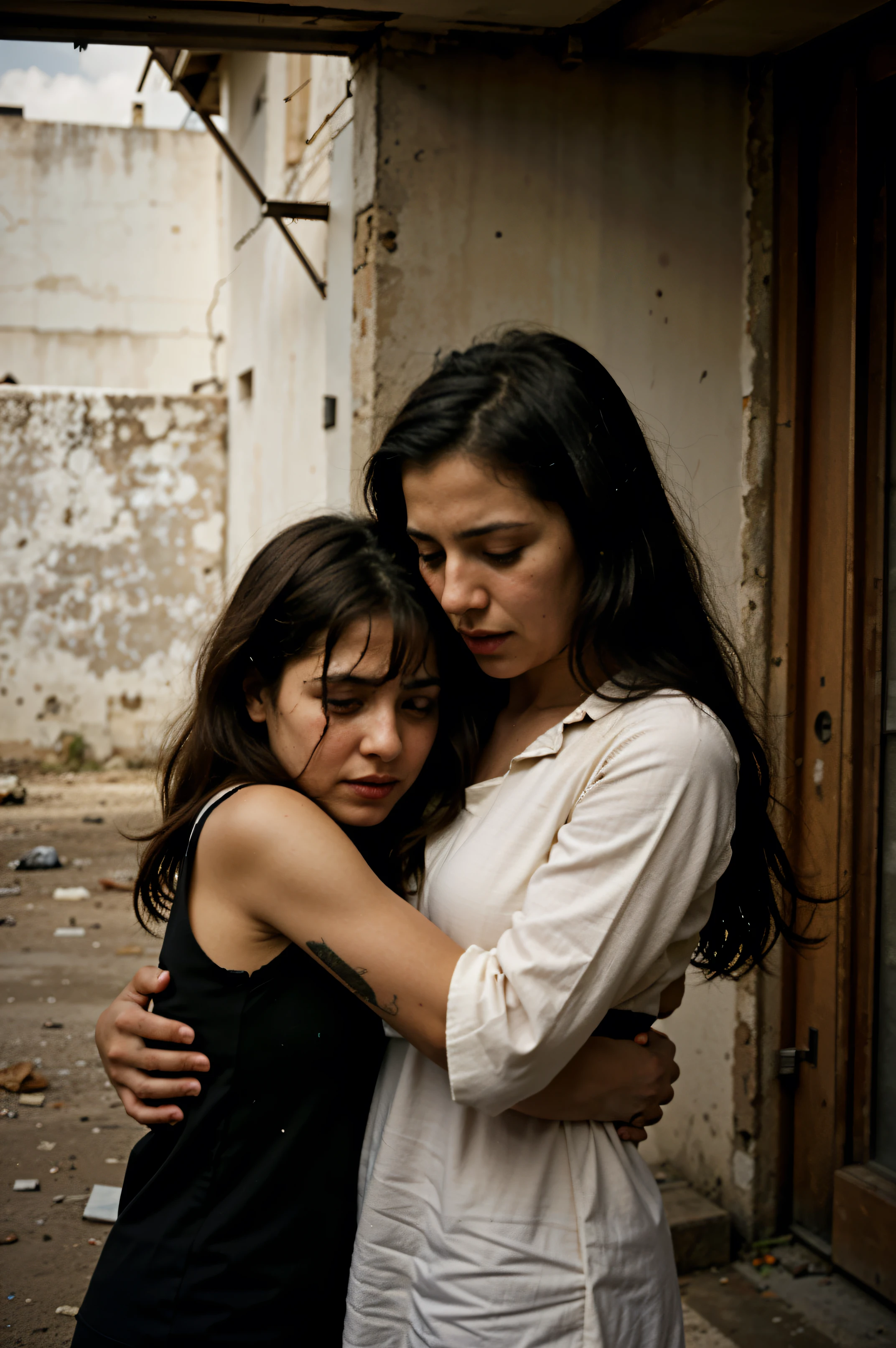 Irak, mother and daughter hugging crying the death of their little brother in the war, edificios destrozados