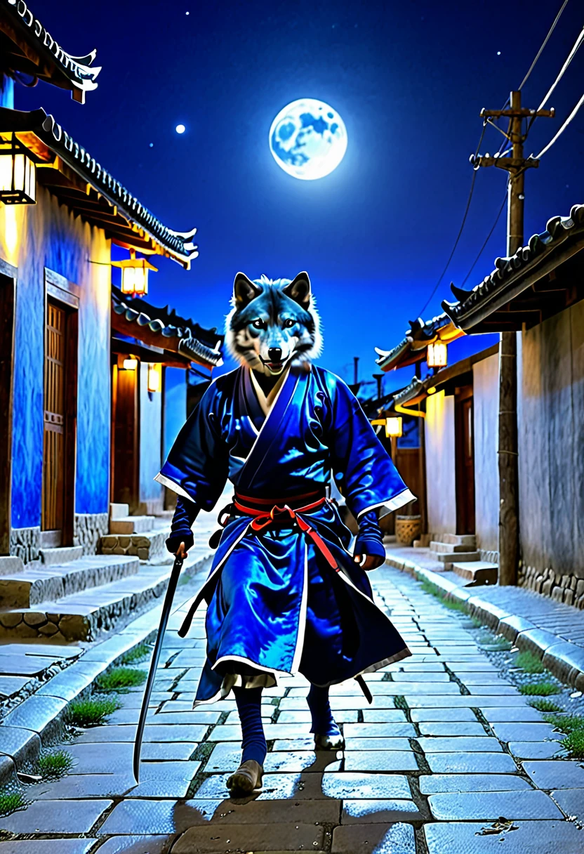 blue samurai, fantasma, caminando con un lobo en un pueblo embrujado, cielo nocturno, Luna llena, realista, Full HD, mejor calidad, dasha_taran