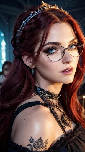 (huge Laughing:0.5), (open mouth:0.4), (wide open eyes:1.2) masterpiece,high quality,4k , goth emo punk scene witch, dramatic makeup of an evil queen, thin round glasses, freckles, absolute babe, long unkempt wavy messy voluminous red hair flowing down her body, one large messy braid, bare shoulder,, many Viking Tattoos on body and arms , slim;, beautiful shoulders and collarbone, jaw structure of someone who works out, wearing wide neck off-shoulder wool knit sweater-dress with bare shoulders, green eyes, in a fancy ballroom of a fantasy castle, fantasy setting, busy ballroom party in a fantasy story, other party goers dancing and partying, night time on a snowy day, golden hour, ((extremely detailed face, mature intelligent gorgeous face)), stockings, wide hips , expression of absolute love and adoration, a lot of jewelry, pretty eye makeup, gorgeous lips , a Viking princess, regal personality, oil painting style, big beautiful eyes looking intelligent looking at camera,