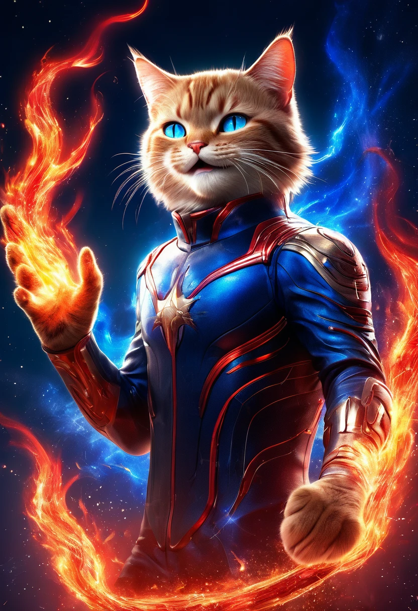 (CG, UHD, masterpiece, anatomically correct, super detail, high details, highres, best quality), HD, Digital Art, universe, ((Biggest Smile)), whole body, cat、Red flames come out of his right hand and blue flames come out of his left hand