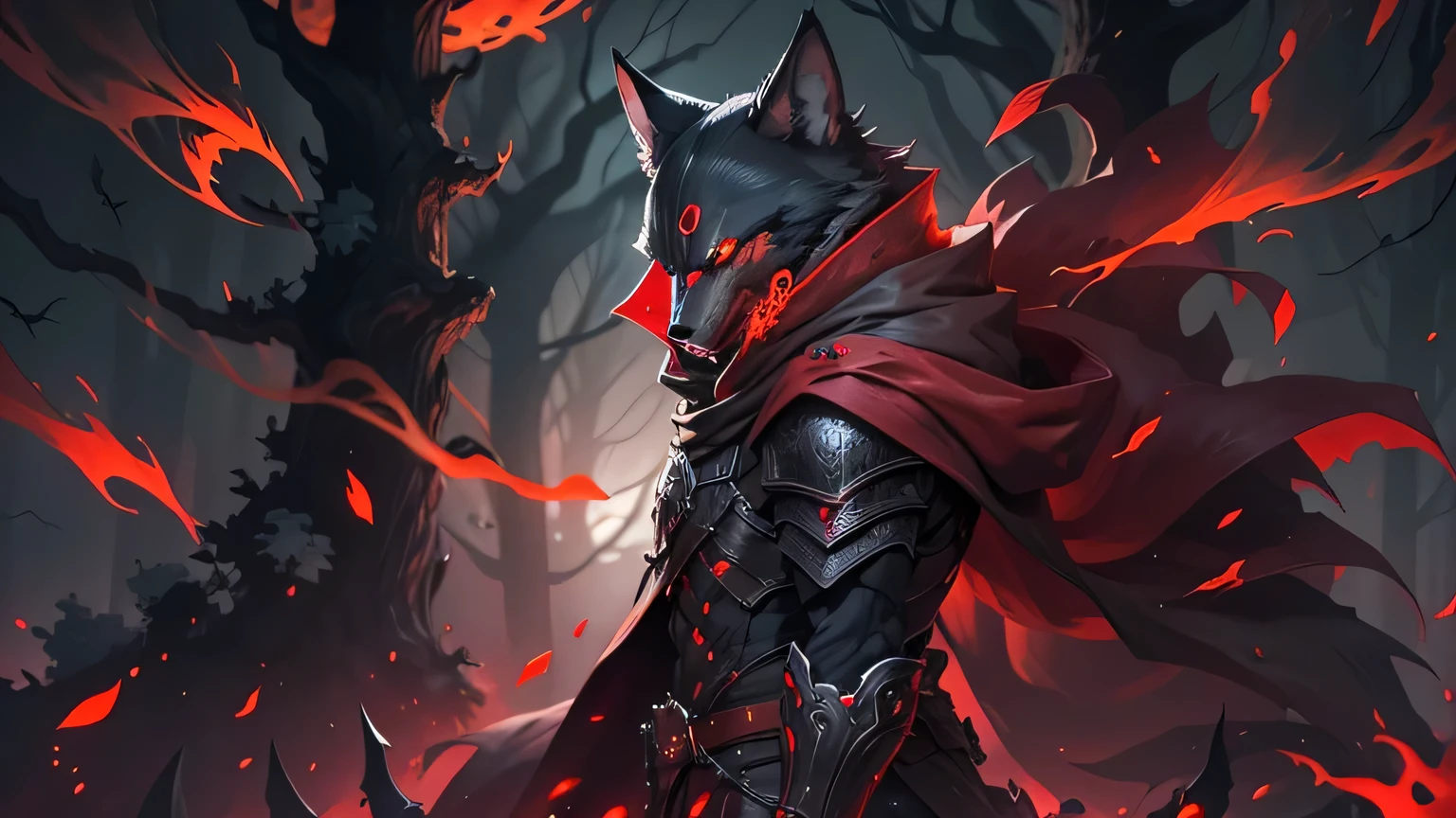 Anime, Werewolf, Werewolf, full body, Werewolf, 4 eyes, Red eyes, long black cloak, hood, black metal armor, Futuristic armor, sword in hand, night, leaves, Red eyes, no people, HD wallpaper, with red glowing глаза, with glowing red глаза, with glowing red глаза, his глаза are red and glowing, his глаза are bleeding intense, scary Werewolf, wolf man, with glowing глаза, he has red wolf глаза, big moon in the background, night