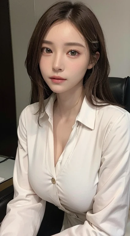 ((Best quality, Masterpiece :1.3)), Sharp focus , (huge breasts :1.4), (Blazer over very thin white button up shirt :1.1),sitting chair in meeting :1.2, Highly detailed face and skin texture, Detailed eyes, Double eyelid, golden eyes, gorgeous , long hair , jacket , v-neck shirts, detailed face