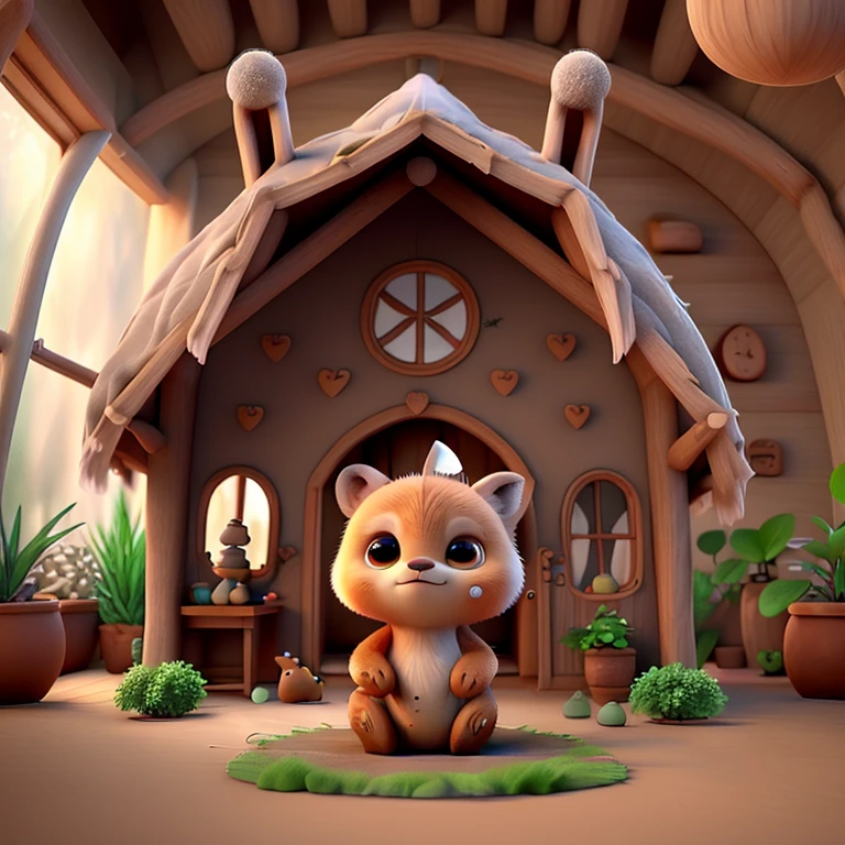 Inside a house made of made by wooden there is a small table on the middle and  is decorated by cute plants and there is a little fox baby with cute big eyes and a Brown bear with also a big Eyes and Bunny 