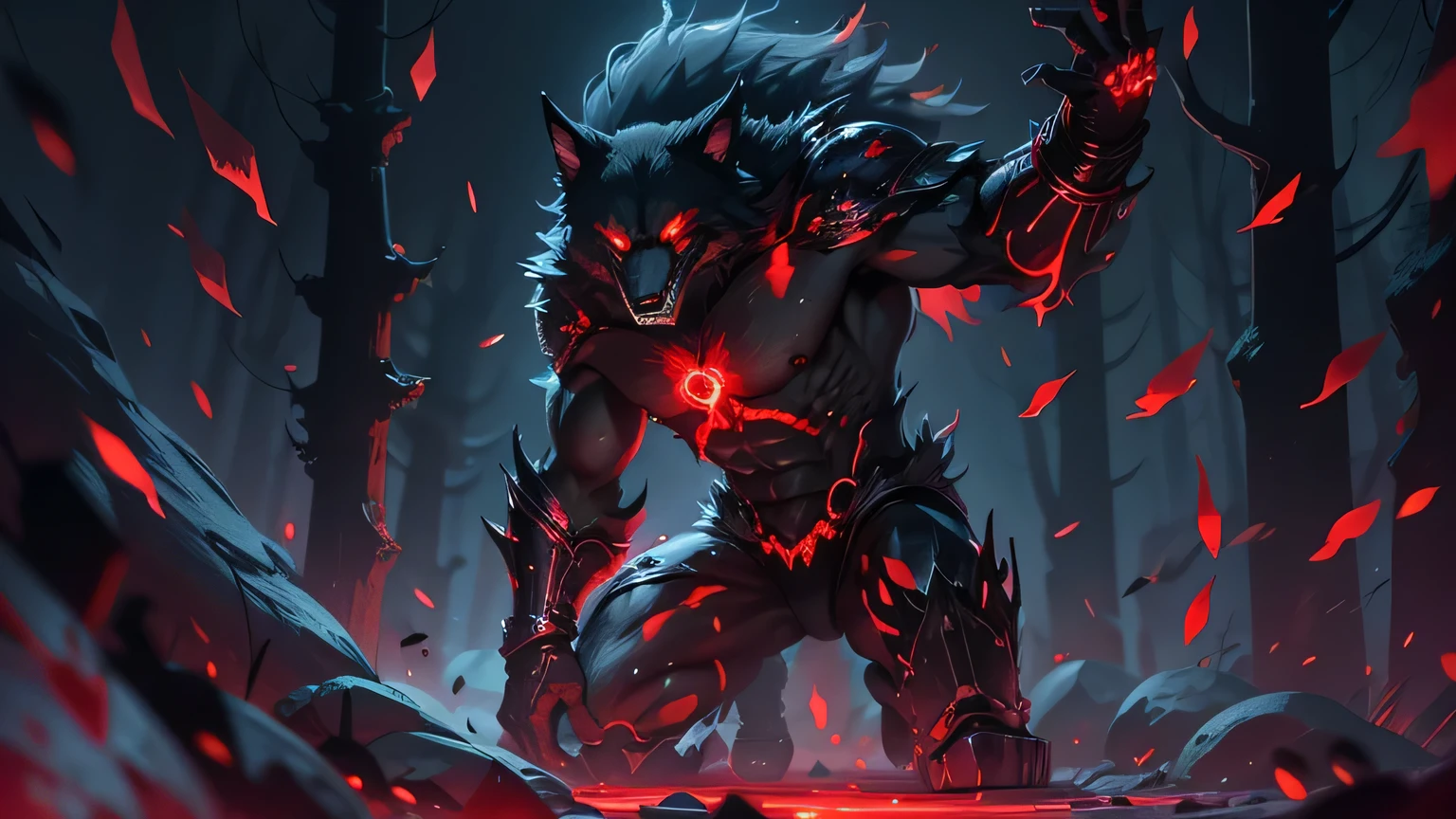 Anime, Werewolf, Werewolf, full body, Werewolf, 4 eyes, Red eyes, black metal armor, Futuristic armor, sword in hand, night, leaves, Red eyes, no people, HD wallpaper, with red glowing глаза, with glowing red глаза, with glowing red глаза, his глаза are red and glowing, his глаза are bleeding intense, scary Werewolf, wolf man, with glowing глаза, he has red wolf глаза, big moon in the background, night
