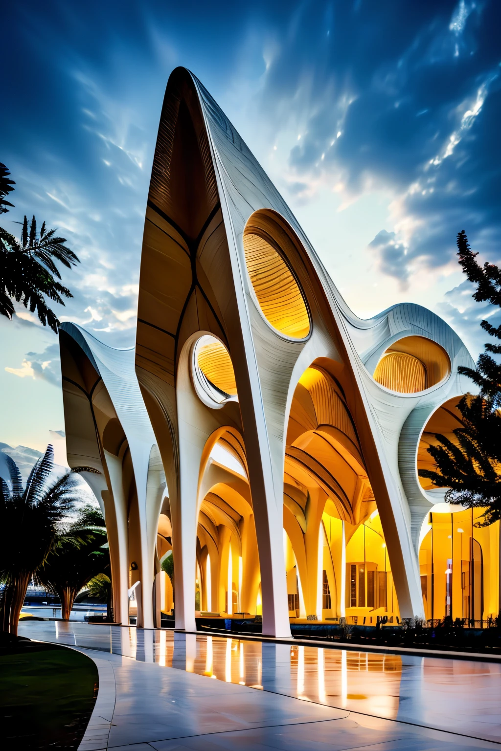 campus architecture,night view,curve,The architectural style of Zaha Hadid,tree,water,