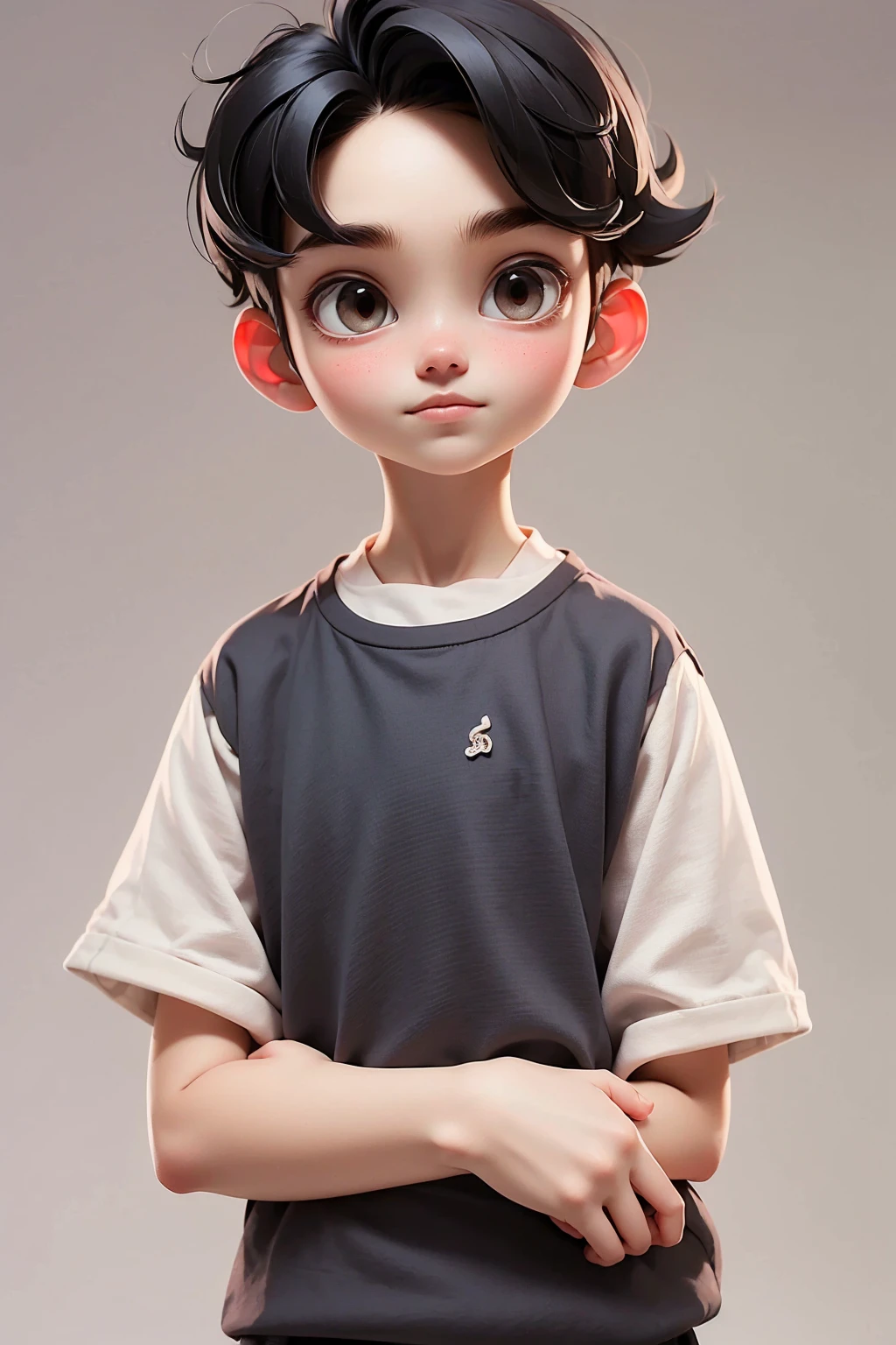 (masterpiece, best quality), 1 boy, Dark black short hair，smart，Crewneck shirt. Midi-length loose-fitting shirt in linen，Loose cotton and linen throuses, only, Looking at the camera casually，front，White background，whole body, full body.