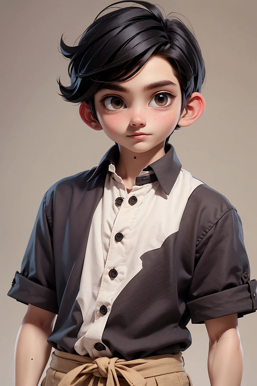 (masterpiece, best quality), 1 boy, Dark black short hair,smart,Crewneck shirt. Midi-length loose-fitting shirt in linen,Loose cotton and linen throuses, only, Looking at the camera casually,front,White background,whole body, full body.