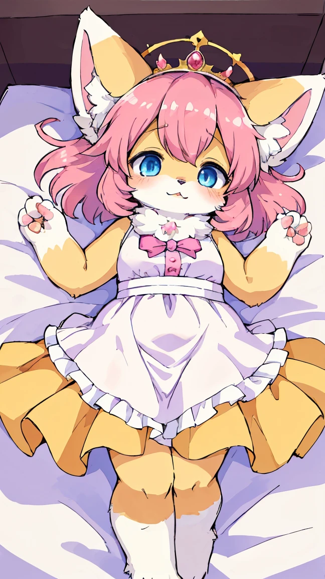 Furry, furry kemono, female fox furry, cute, big ear, chubby, cute little baby, pink and coloured hair, fluffy gold and pink coloured tail, a pink, blue, and white maid dress, laying on bed leisurely, luxury, a luxurious tiara, in a kingdom, (((masterpiece))), (((best quality: 1,4)))