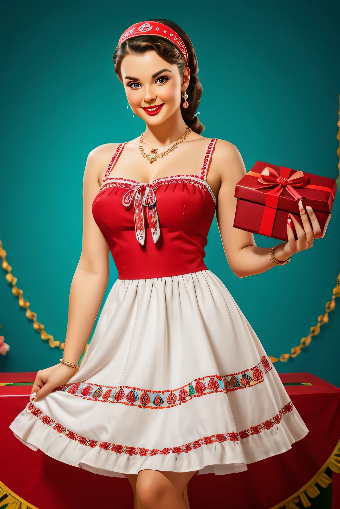 smilling girl in pin-up style holding big gift box, model Ukraniane, dress with deep necklace on traditional Ukranian colors and embroidery, braid hair with bandana --stylize 750