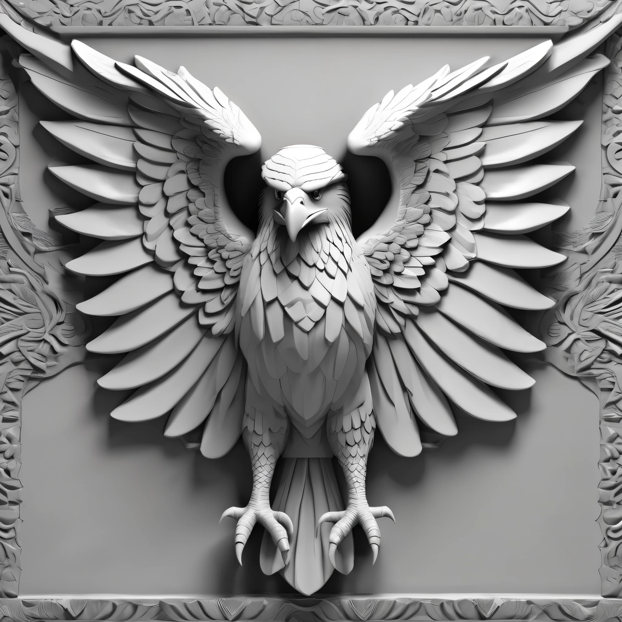 (BAS-RELIEF:1.1) - zbrush sculpted eagle with two wings open,ottoman,less detail,black and white,(wall carving style:1.1),opposite side view,stylish,low poly,artistic,zbrush sculpting,zbrush artwork,ancient Greek inspiration,vibrant,historical,sharp edges,classic design