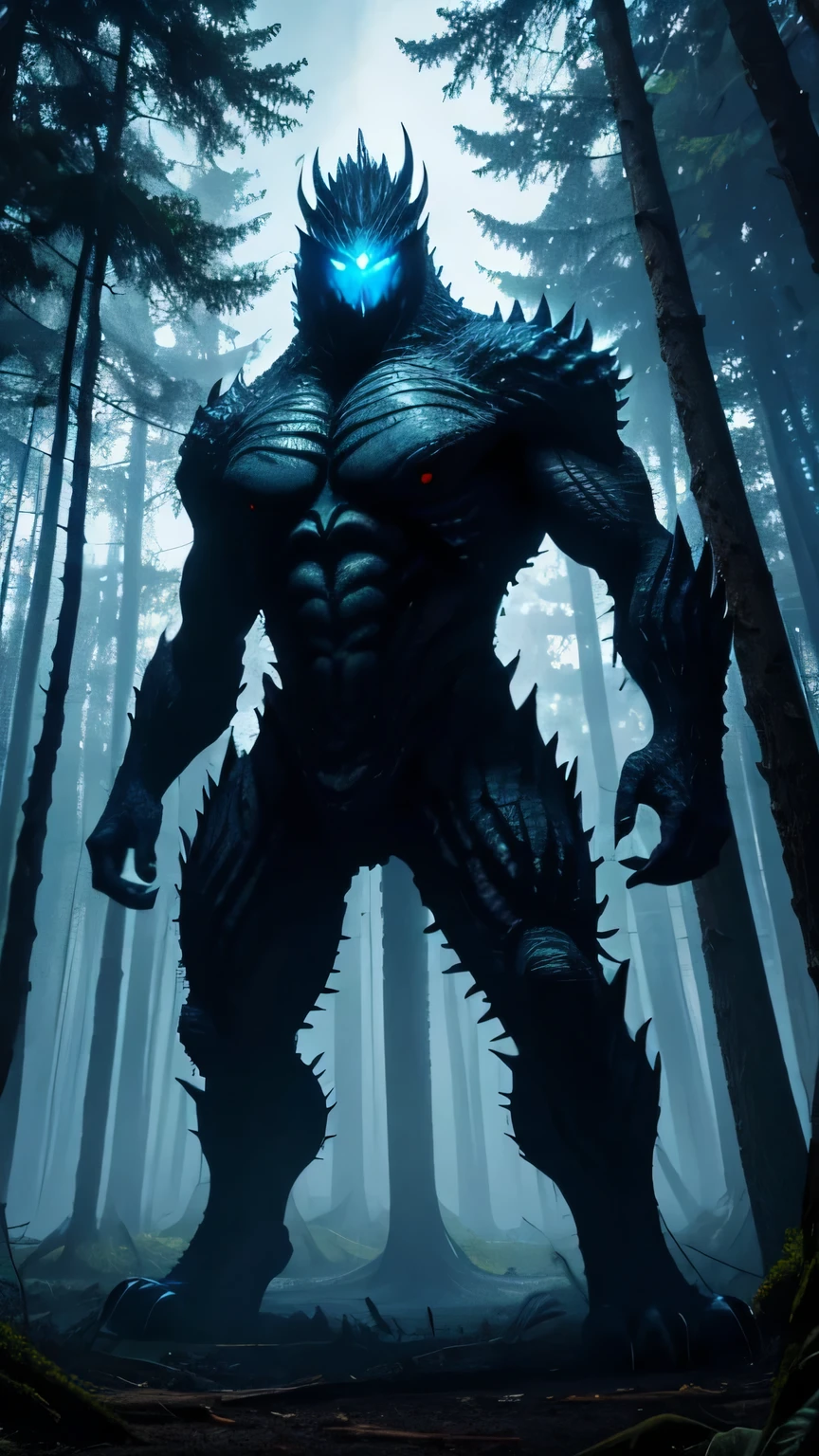 A giant scary monster with blue eye standing in forest at night 