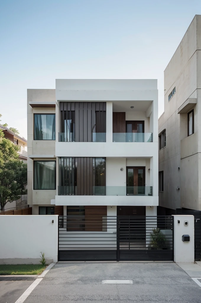 Minimalistic elevation design from g+3 house with 12 feet road, balcony at right side of the road face