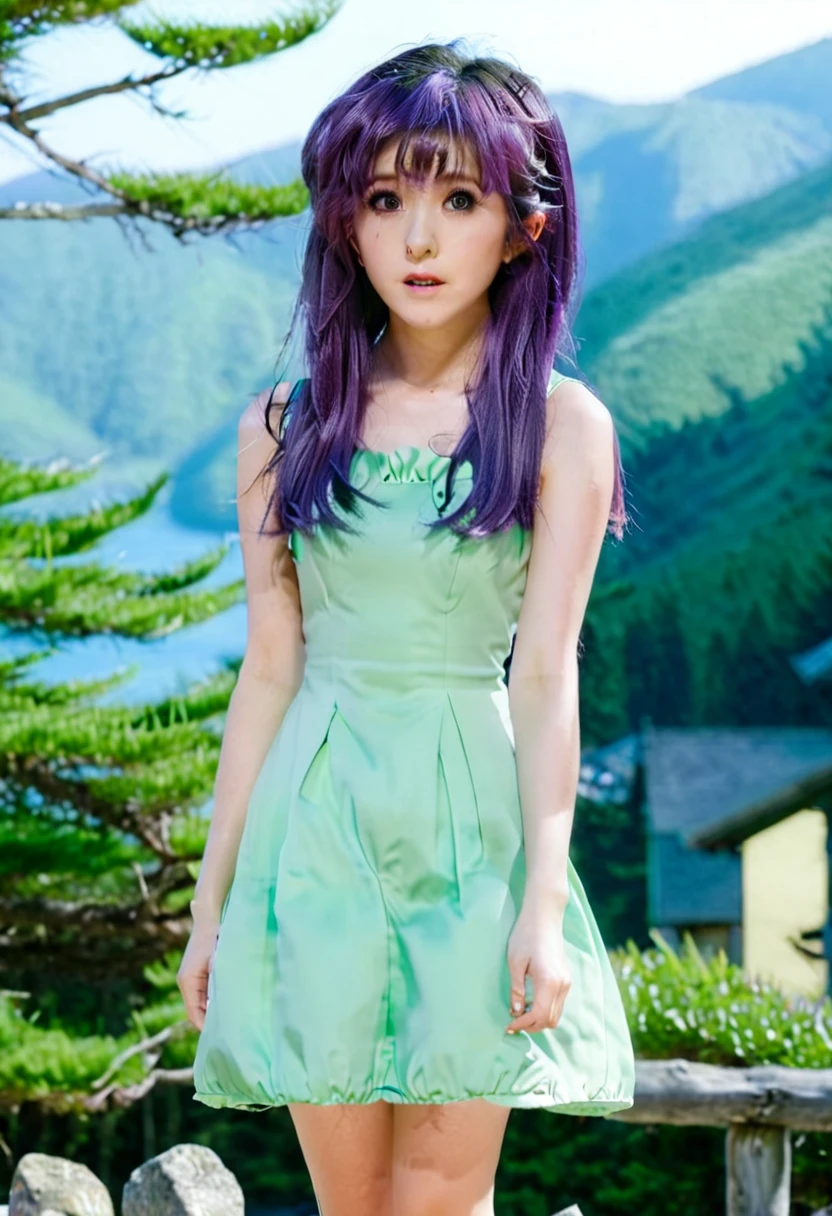 masterpiece, best quality, 1girl, furude rika, irene, solo, dress, outdoors, green dress, blush, long hair, purple eyes, sandals, blue hair, sundress, day, looking at viewer, standing, bangs, blunt bangs, sleeveless, tree, sky, sleeveless dress, bare shoulders, mountain, upper body, 