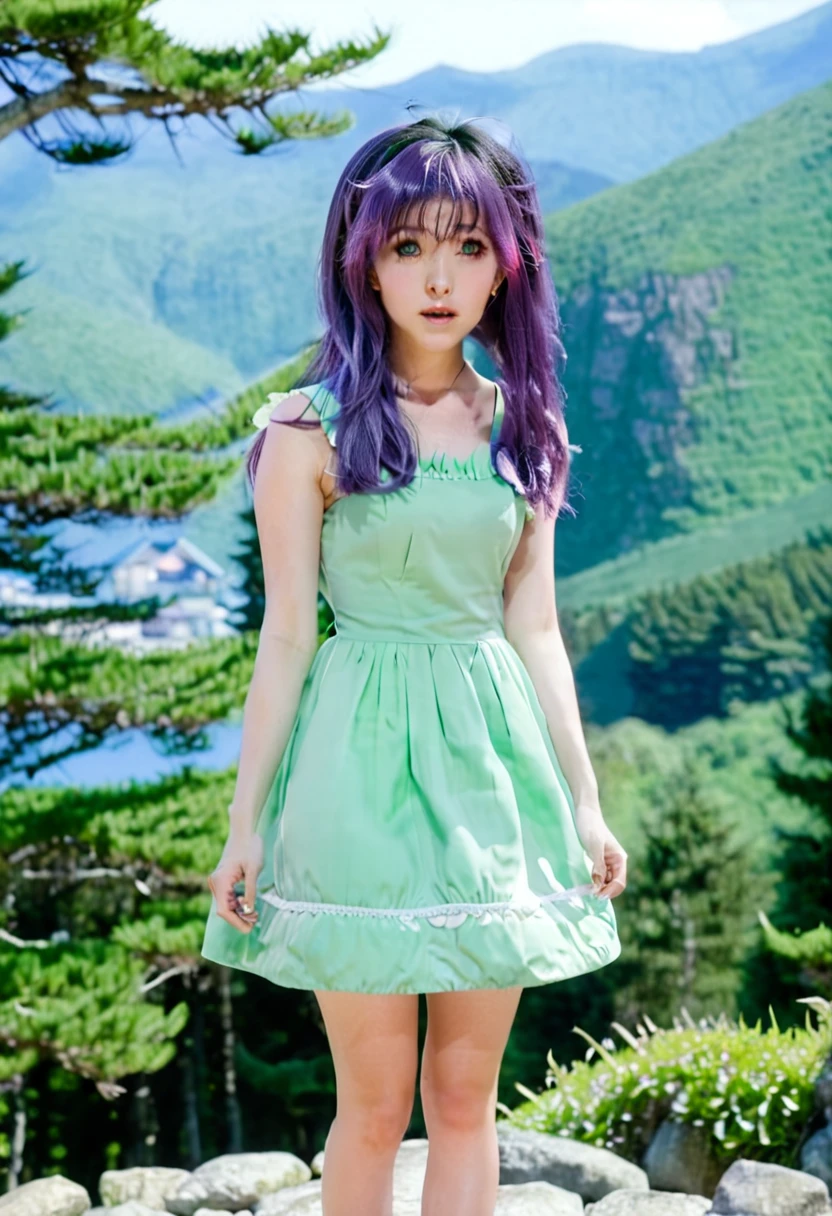 masterpiece, best quality, 1girl, furude rika, irene, solo, dress, outdoors, green dress, blush, long hair, purple eyes, sandals, blue hair, sundress, day, looking at viewer, standing, bangs, blunt bangs, sleeveless, tree, sky, sleeveless dress, bare shoulders, mountain, upper body, 